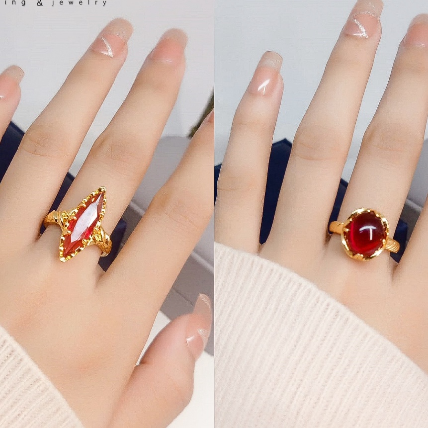 Kilat Cincin Batu Merah Delima Dewasa Pria Dan Wanita Lapis Emas 22K Titanium