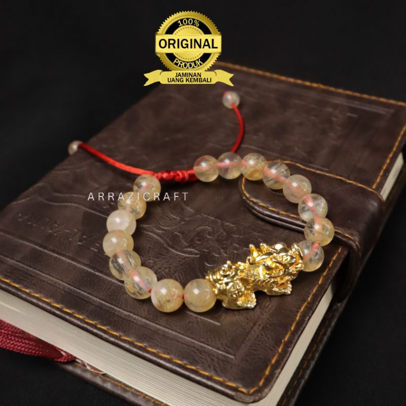 Gelang Gold Citrine Batu Akik Kristal Asli Premium Naga Pixiu Emas Pria Wanita