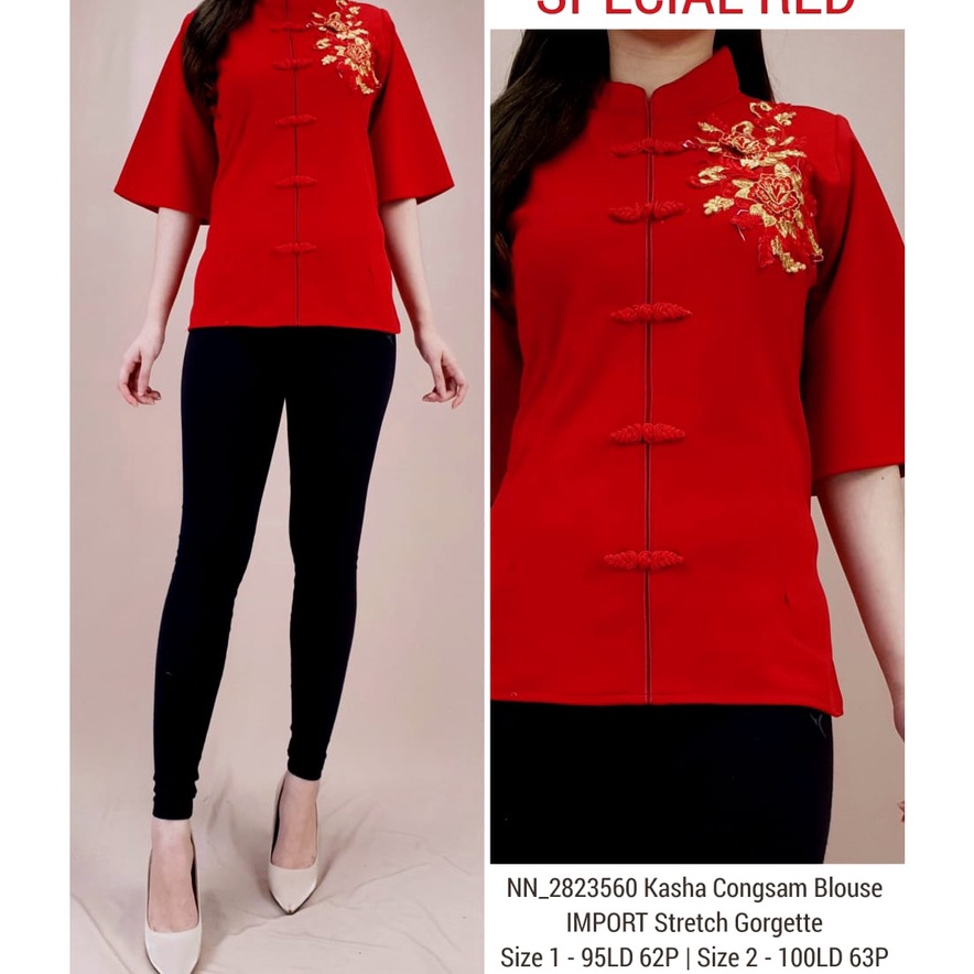 HJ6 SPECIAL RED BLOUSE CHEONGSAM BRITNEY STRETCH GEORGETTE PREMIUM LUNAR NEW YEAR EDITION  4 SIZE  M