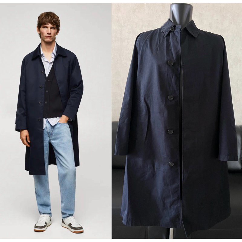 Uniqlo long coat pria bahan katun warna navy gelap