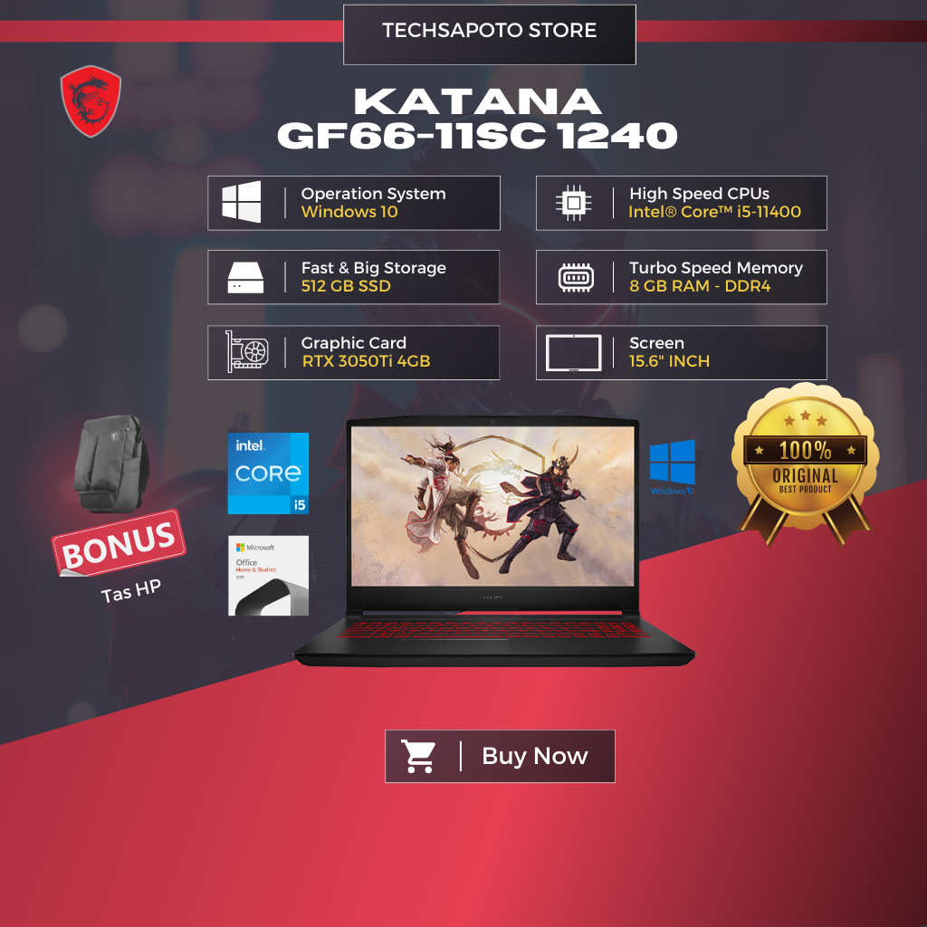 MSI Katana GF66 11UD (9S7-158212-1240) /Core i5-11400H/8GB/512GB SSD/RTX3050Ti 4GB/15.6″/Win 11 Home