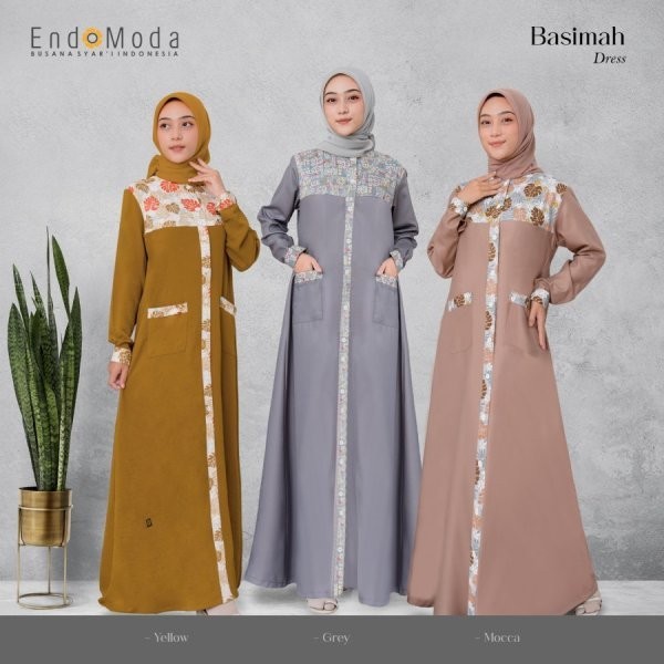 Endomoda-Basimah Dress Grey-Mocca-Yellow Toyobo Katun Jepang Gamis Wanita Dewasa Polos Simpel Kombin