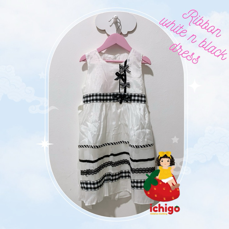 Gaun Dress princess anak perempuan import ribbon pita hitam putih