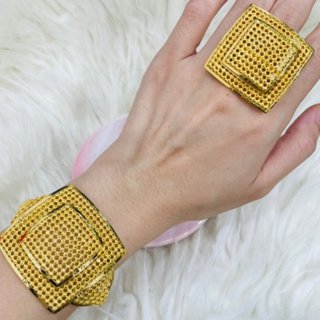 gelang plus cincin borobudur kerawang kotak besar elegant emas asli kadar 700 & 875
