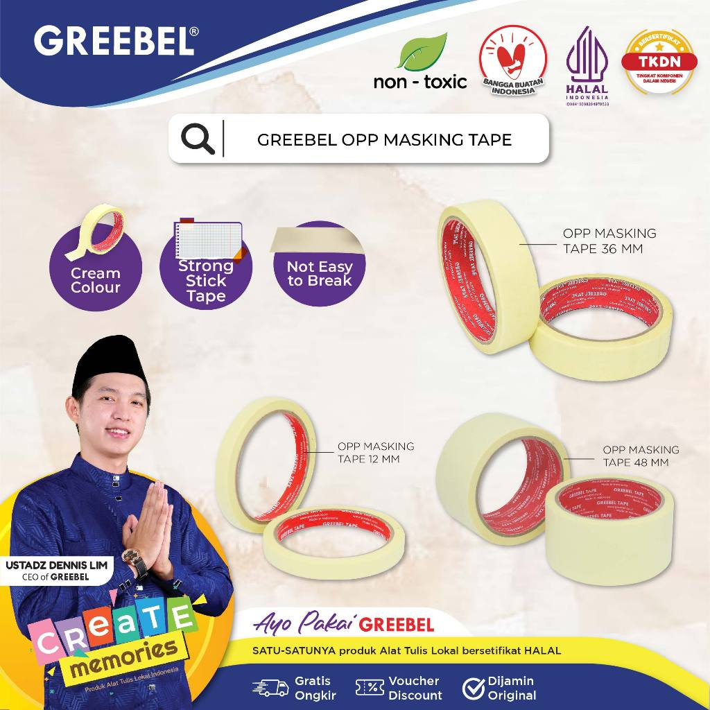 GREEBEL MASKING TAPE Lakban kertas / Tape Warna Kuning/Tape kertas/Lem kertas/Tidak berbau