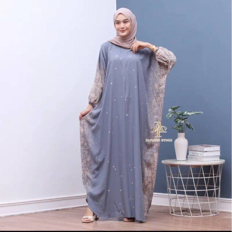 Kaftan Wanita - Daunda Kaftan Size Jumbo XXXXL Motif Daun Lengan Panjang Busui Resleting by Nadira_Fashion / Gamis Rayon Jumbo Kaftan Terbaru-SEMPROT SOFT GRAY