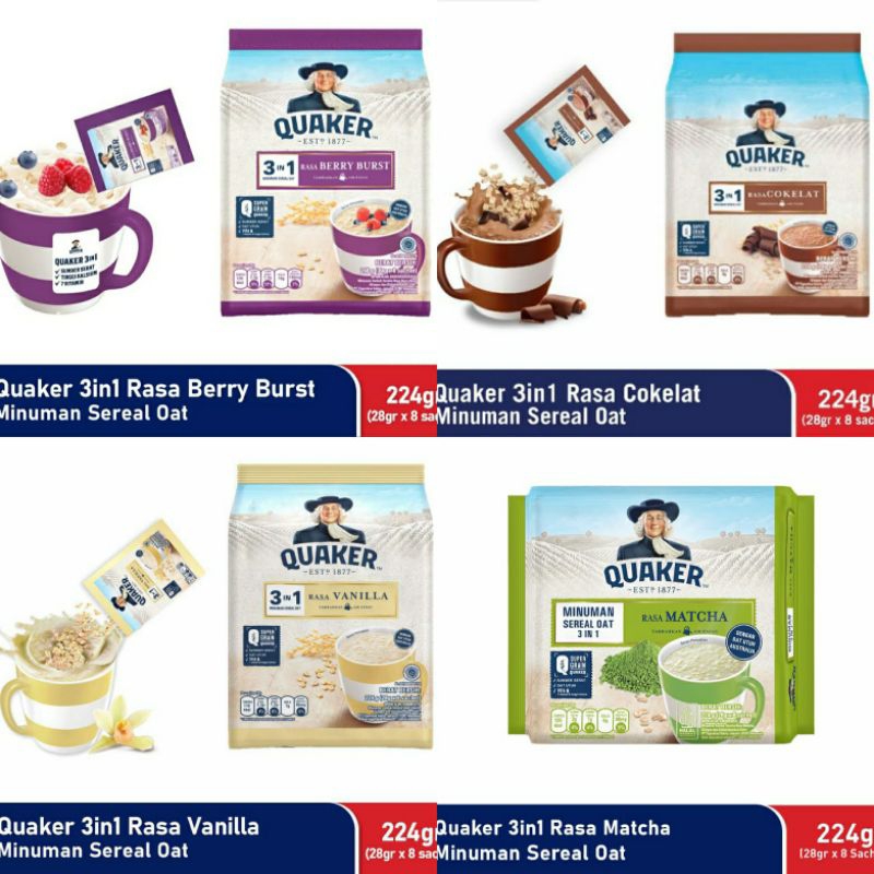

Quaker 3in1 Matcha Berry Burst Vanilla Cokelat Minuman Sereal Oat 224gr (24gr x 8 sachet)