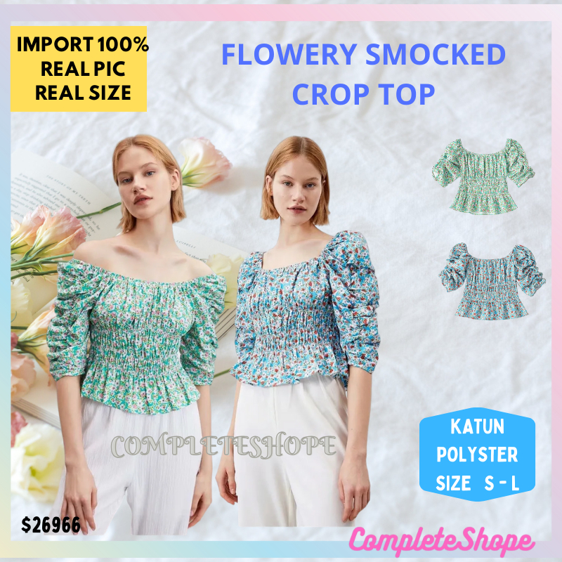 ATASAN BAJU PAKAIAN BLOUSE BLUS  KAOS WANITA REMAJA PUTRI STRETCH SABRINA OFF SHOULDER MOTIF BUNGA B