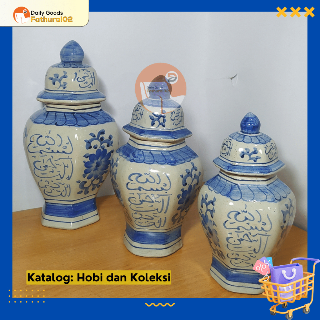 Guci Keramik Antik Hiasan Rumah Model Bejana Topi Tutup Motif Kaligrafi Preloved