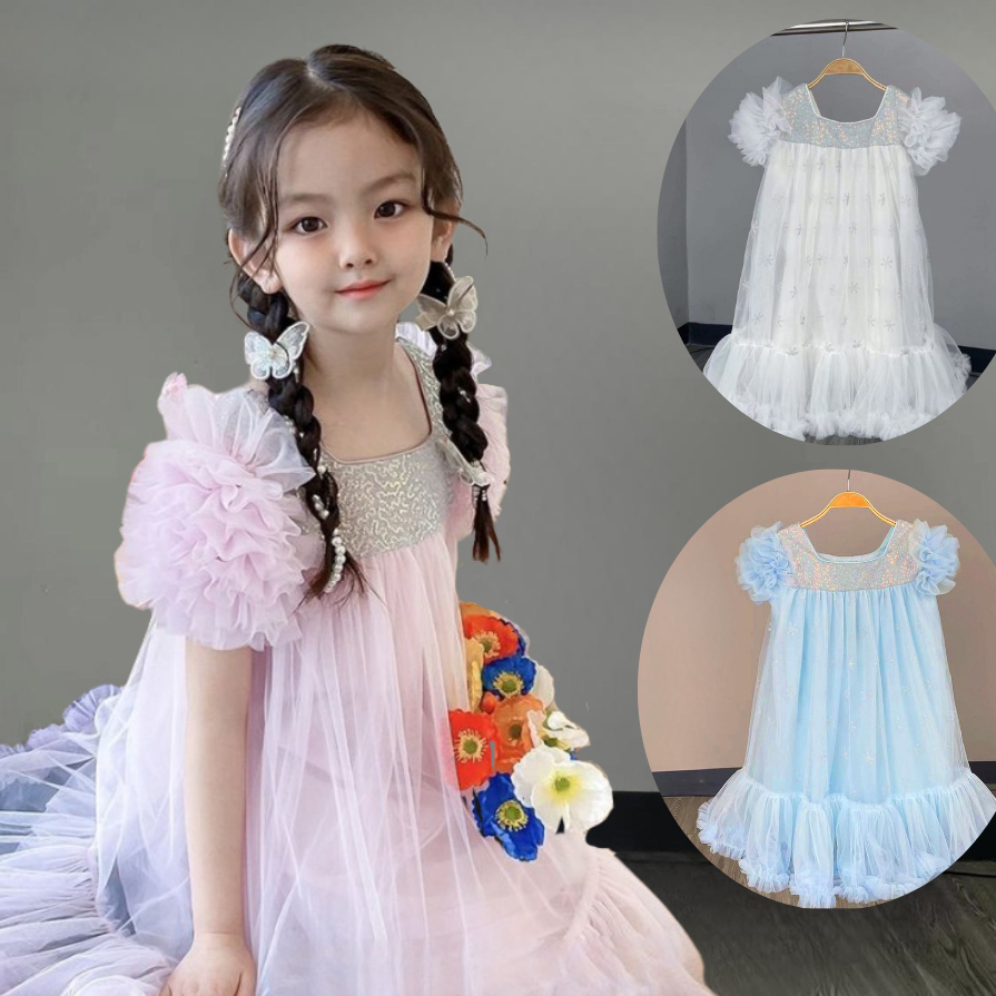 Dress Anak Perempuan Elsa Motif Glitter Snowflakes Lengan TIle
