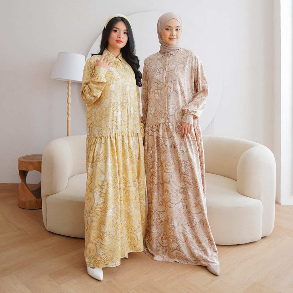 gamis motif Dress Satin Motif Laura dress muslim dress wanita