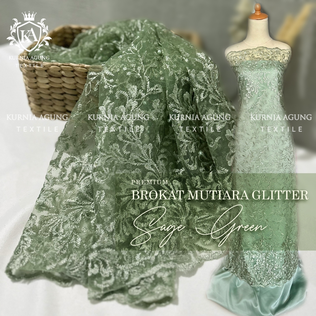 Kain Bridesmaid Kain Bordir Motif Cabut Warna SAGE GREEN Furing Satin Velvet Per 0.5 Meter Bahan Keb