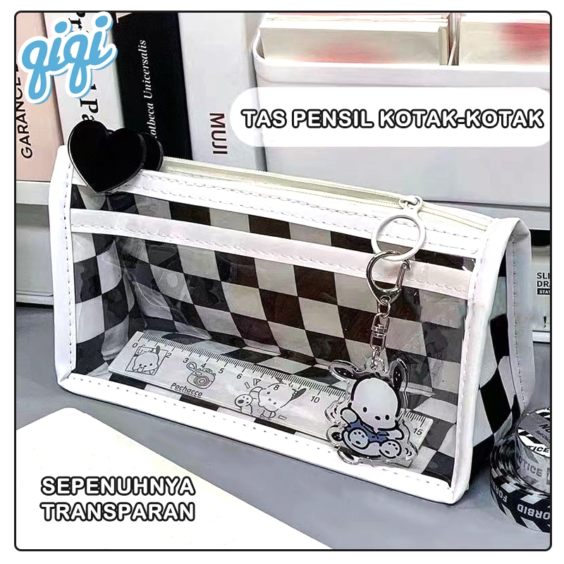 

kotak pensil/Tempat pensil Gaya Korea Sederhana/Pencil case/Tas Pensil Kotak-kotak Hitam dan Putih Kapasitas Besar/- Qiqi Treasure