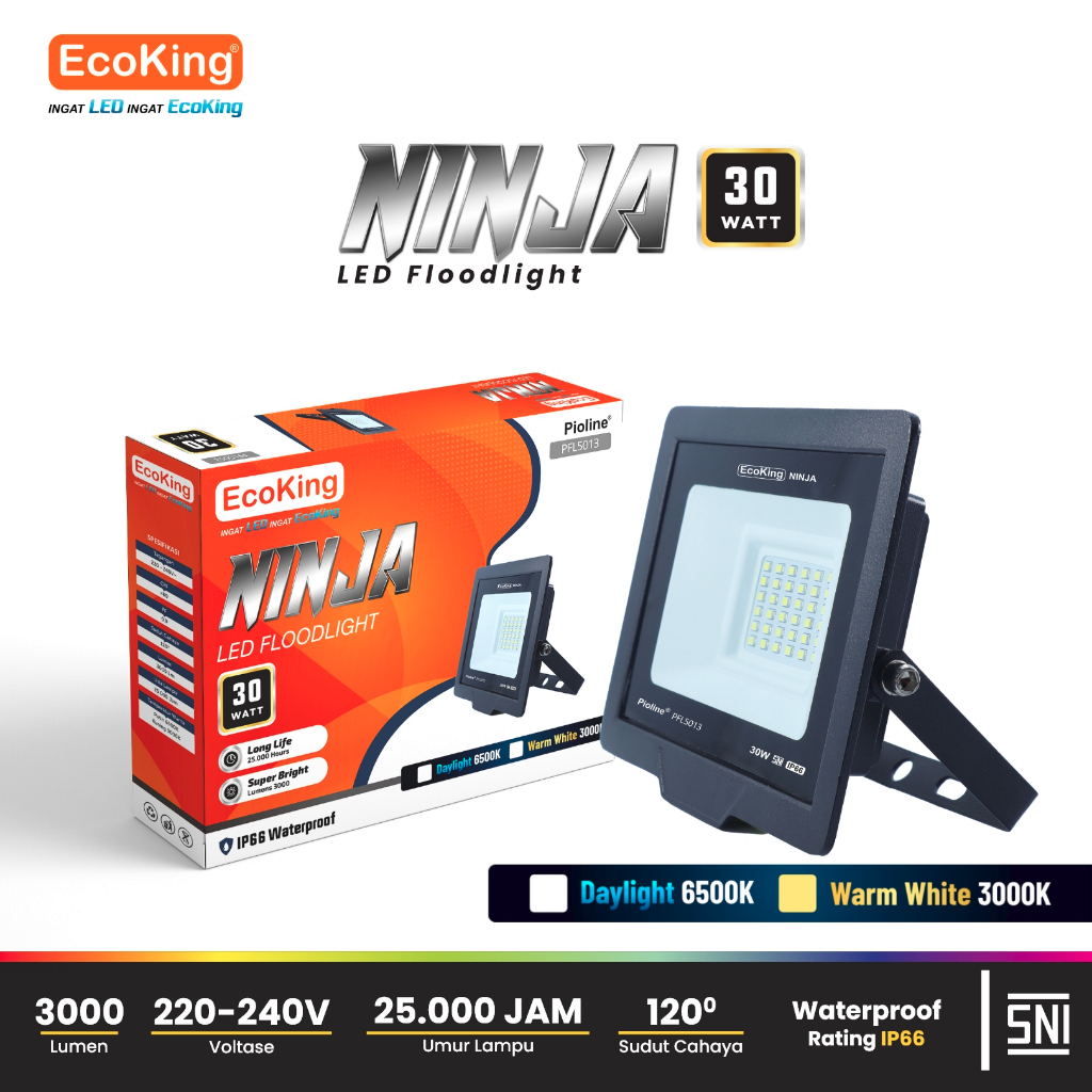 Lampu Sorot EcoKing Led Flood Light Ninja 30W Cahaya Putih Kuning