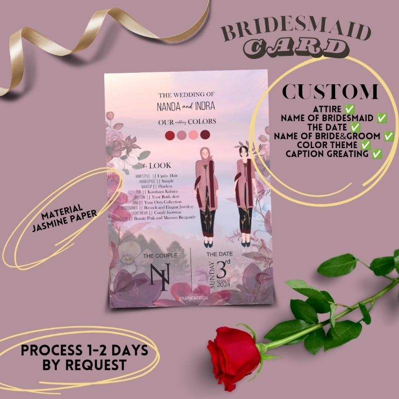 kartu bridesmaid ucapan untuk bridesmaid custom gambar attire baju ONLY CARD kartu bridesmaid murah 