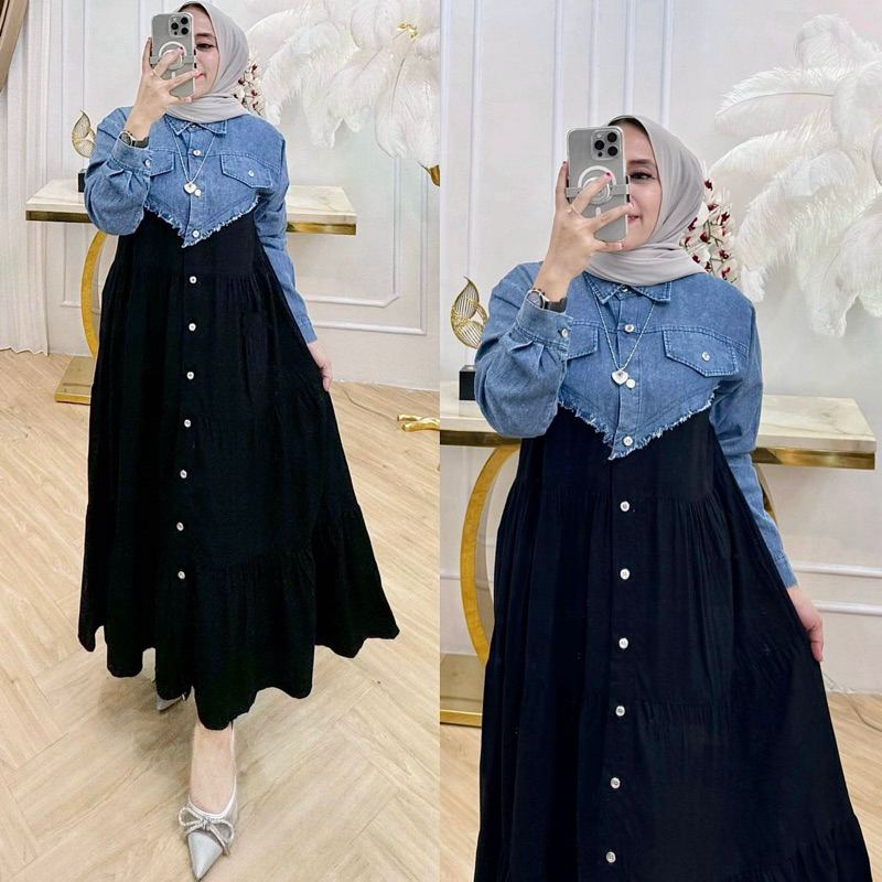 OOTD - Midi Dress Muslim Jeans Kombinasi Rayon Desika