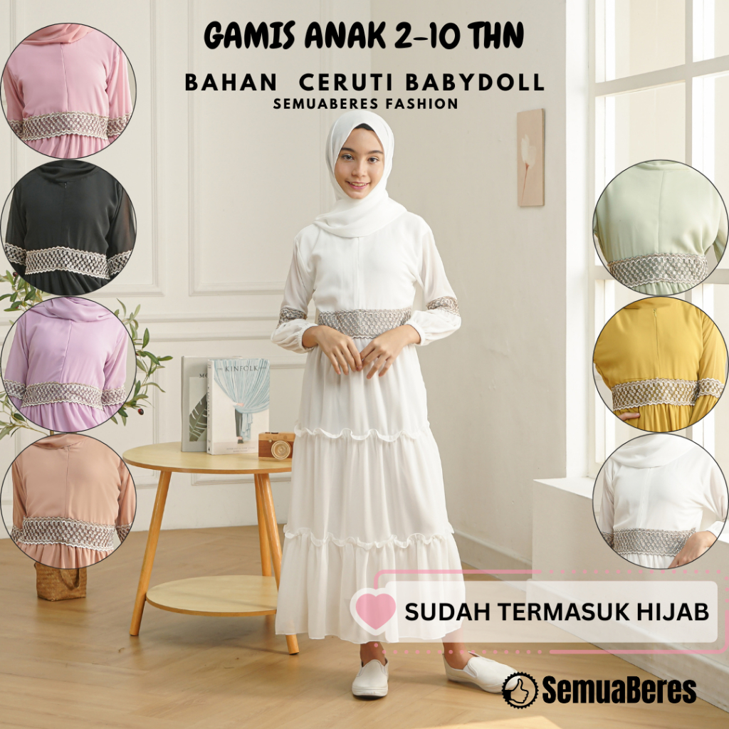 Gamis Anak SAFIRA Ceruti Babydoll 2-10 Tahun Model Terbaru 2024 Baju Dress Muslim Balita Anak SD SMP