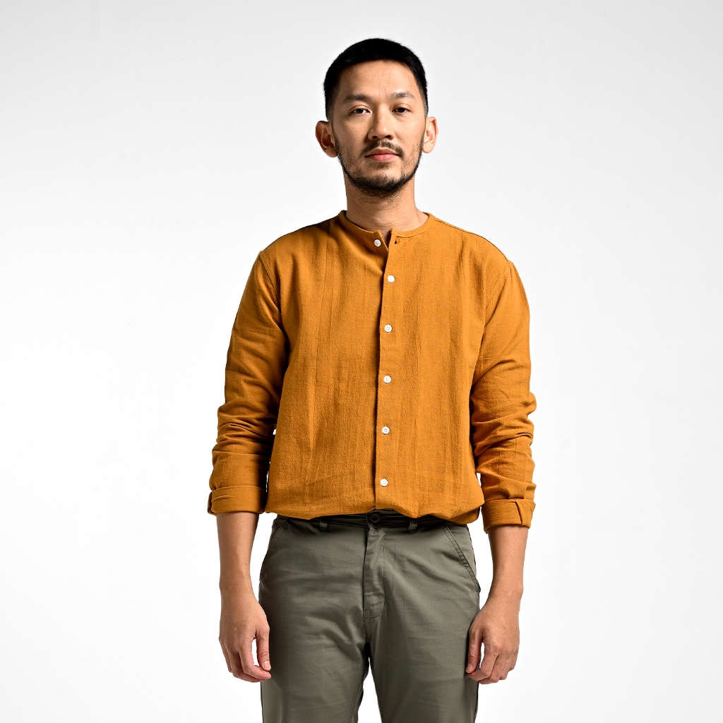 Nordhenbasic Collarless Shirt 100% Cotton Mustard Pria