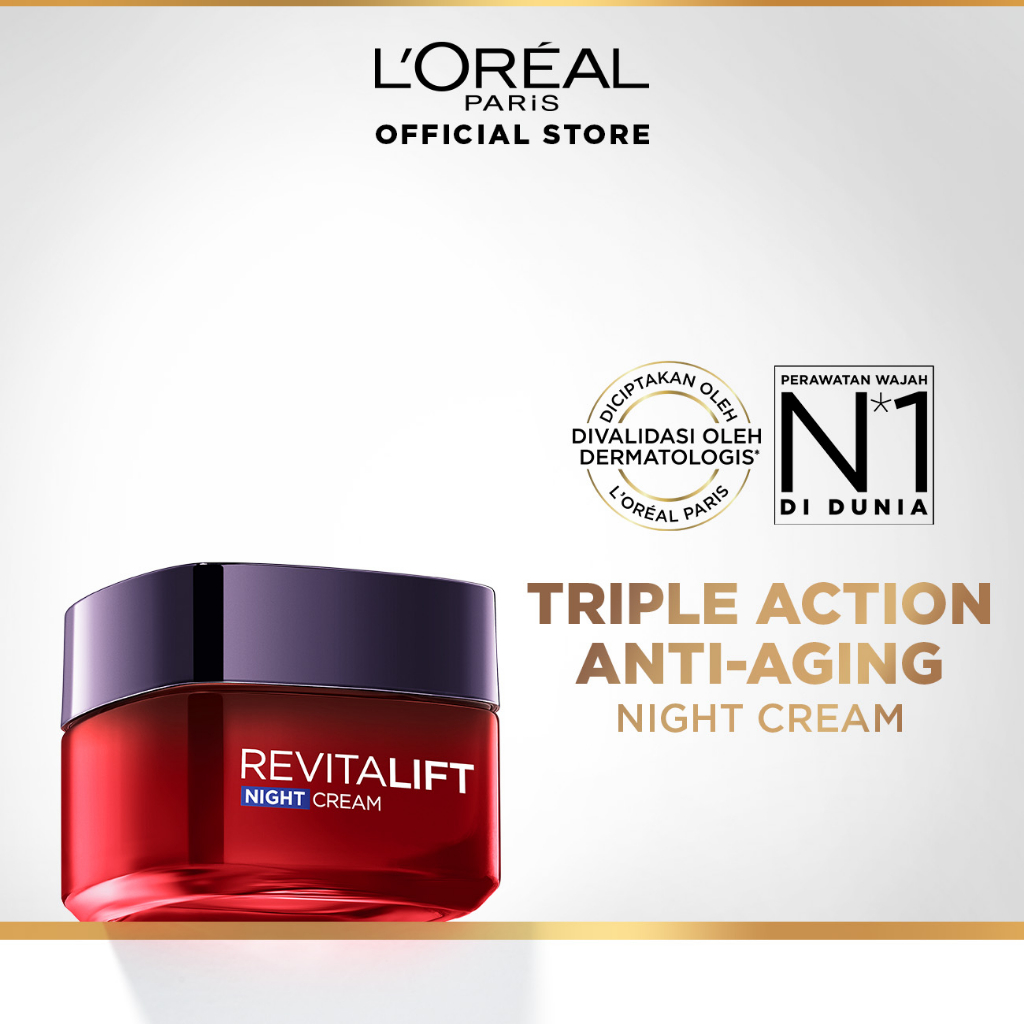 L'Oreal Paris Revitalift Triple Action Night Cream Skin Care - 50ml (Krim Malam Untuk Kulit Cerah Ta