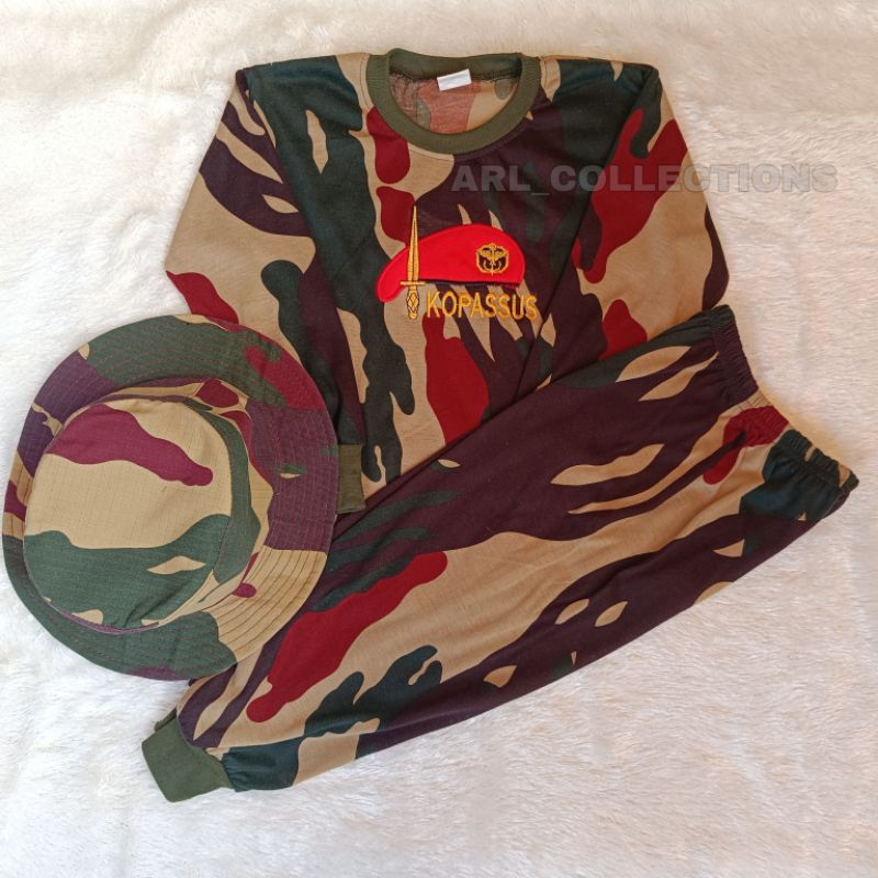 setelan kaos anak lengan panjang loreng kopassus plus topi rimba army kids