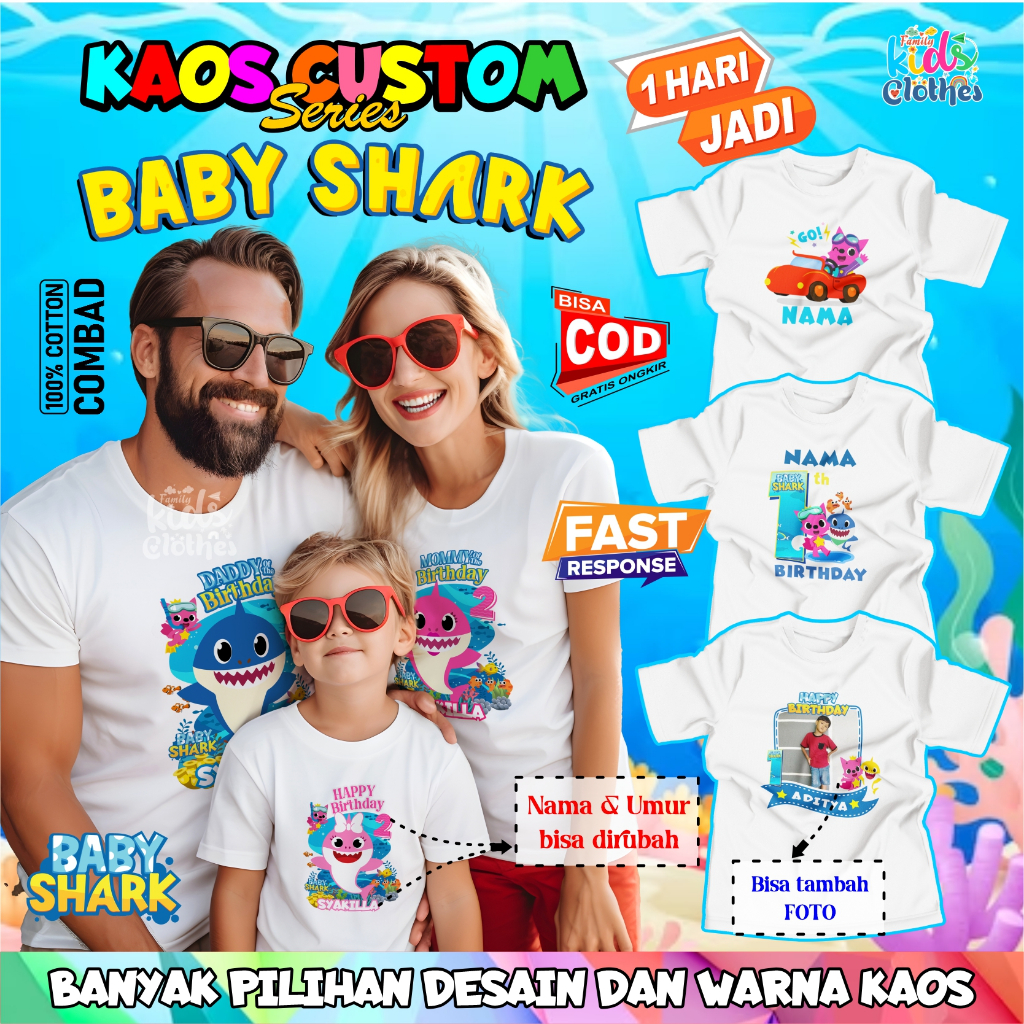 [FREE NAMA] KAOS ULTAH ANAK GRATIS TAMBAH NAMA DAN FOTO TEMA BABY SHARK / KAOS COUPLE ULTAH KELUARGA