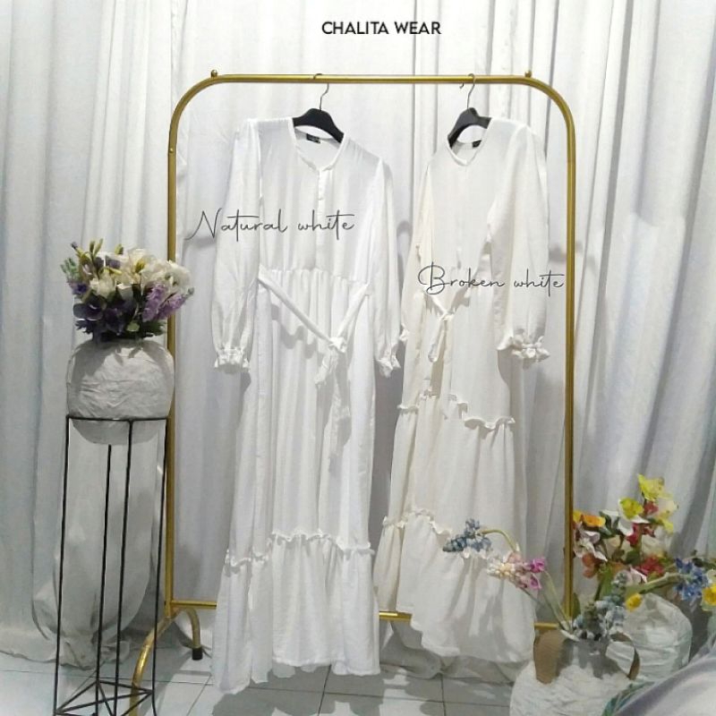 CHALITA -  AISYAH II gamis 3 dara gamis crinckle susun rempel broken white gamis putih elegant