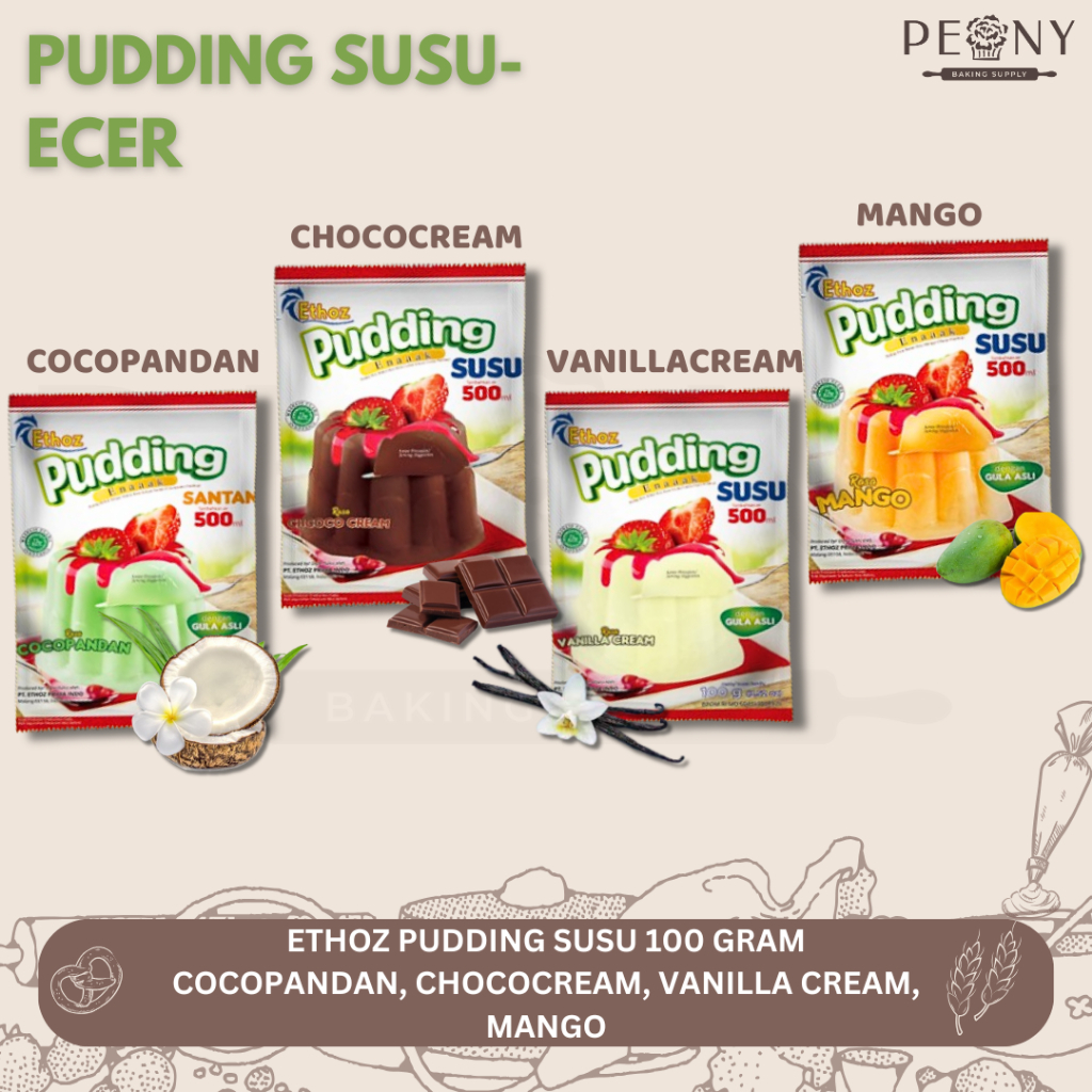 

ETHOZ PUDDING SUSU 100 GRAM / PUDDING SUSU CHOCOCREAM, VANILLA CREAM, COCOPANDAN, MANGGA