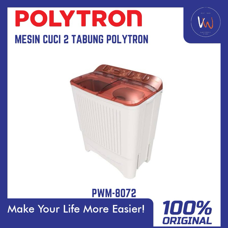 Mesin Cuci 2 Tabung Polytron PWM-8072 8 KG / Mesin Cuci Polytron / Kapasitas 8 KG