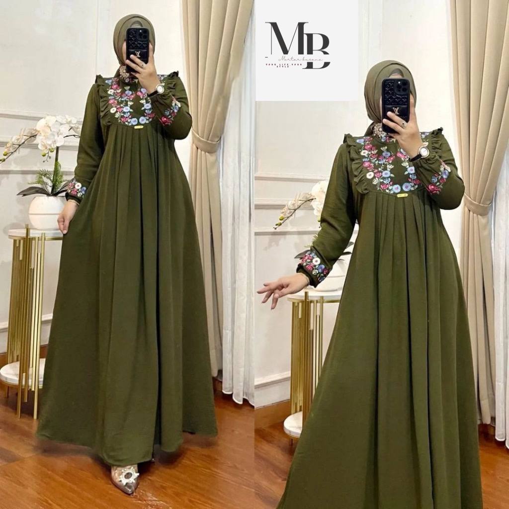 GAMIS BORDIR BUNGA TIMBUL BAHAN CRINKLE/GAMIS AZIZAH MEWAH TERBARU TERMURAH-Hijau  Army