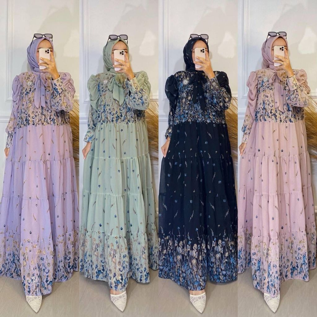 LONG MAXI RUMPLE BUNGA MOTIF FULL PRINT LENGAN BALON VARIASI KERAH V NECK MIX TALI PITA PREMIUM WANI