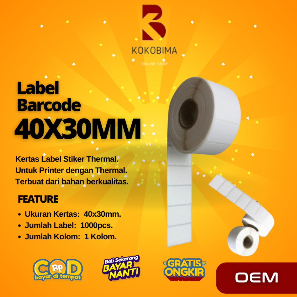 

Label Stiker Barcode Direct Thermal 1 Kolom 40x30mm (1000 PCS)