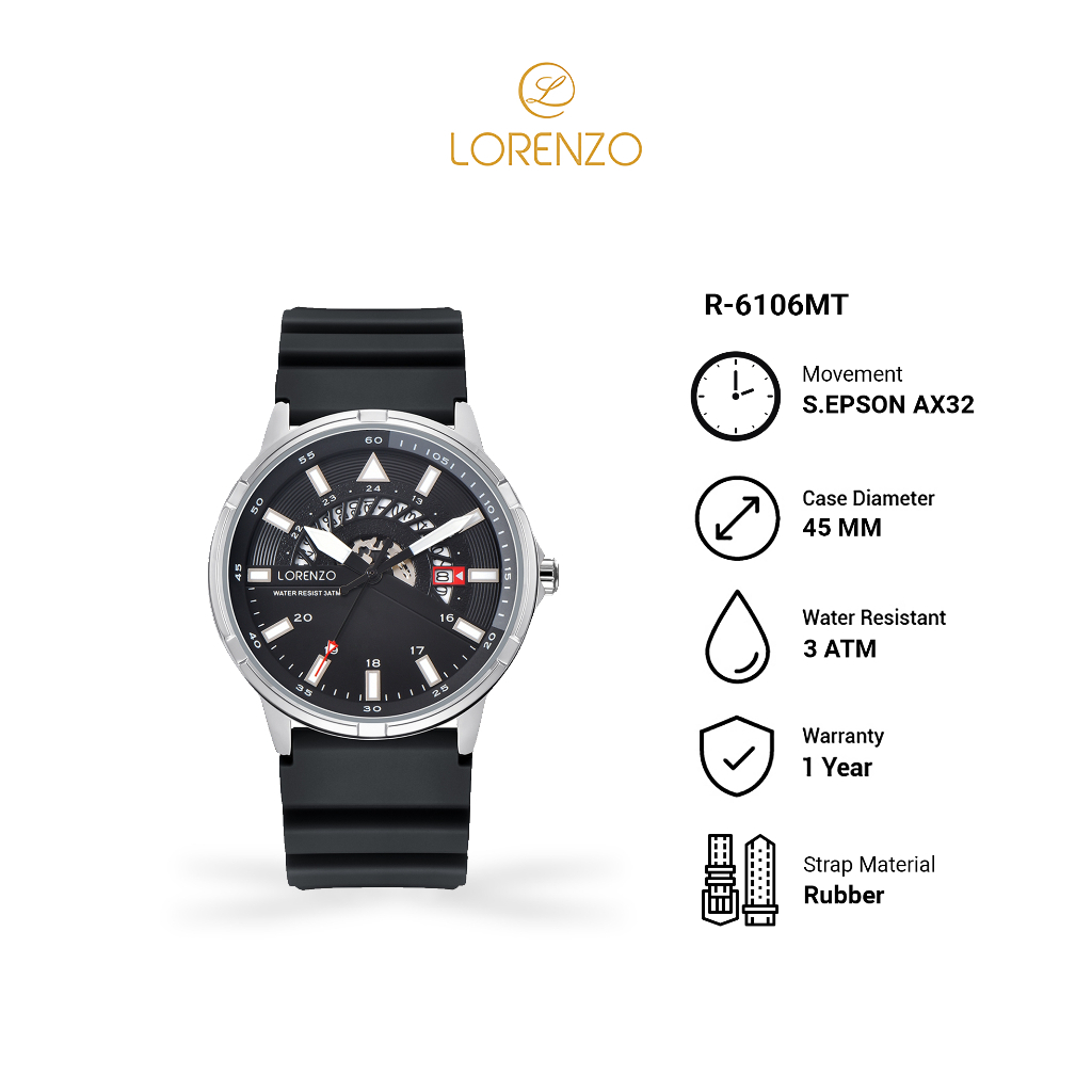 LORENZO R-6106MT Jam Tangan Pria PU Strap Diameter 45mm