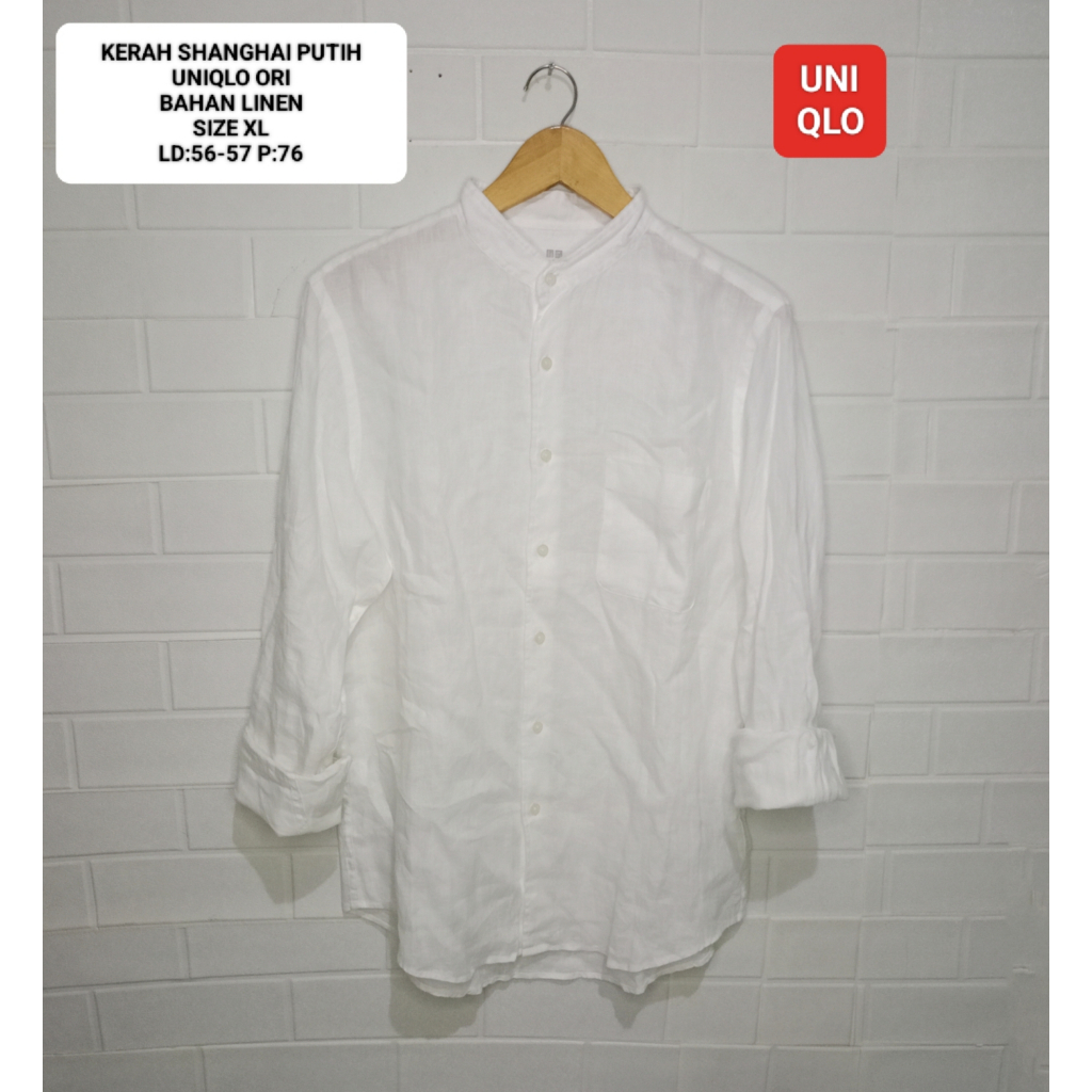 KEMEJA PUTIH UNIQLO KERAH SHANGHAI ORI SIZE XL BAHAN LINEN