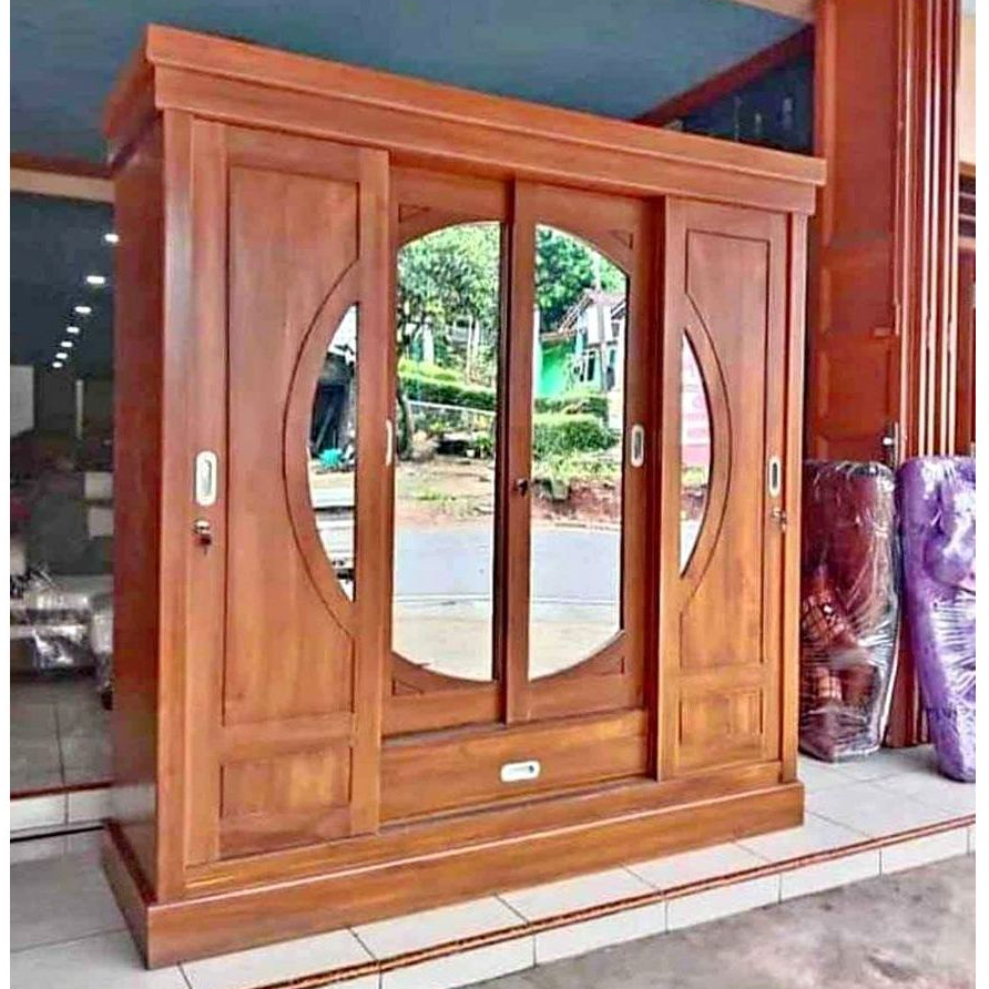 Lemari Pakaian Minimalis Kayu Jati Solid 4 Pintu Sliding Model Lingkar Kaca