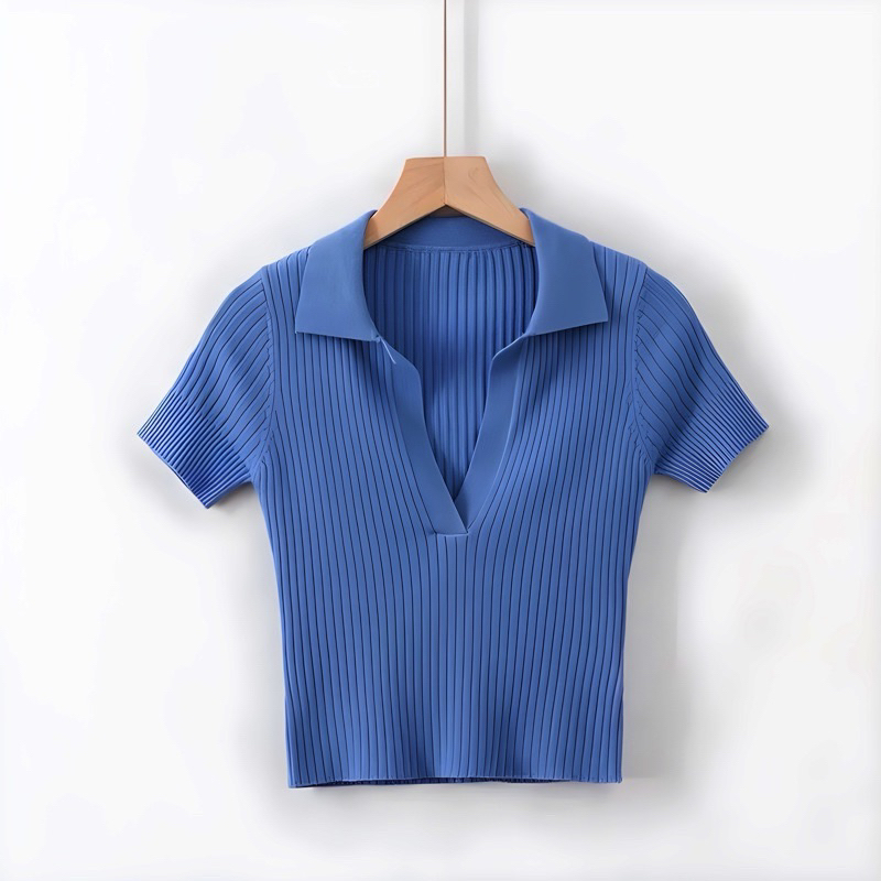 Atasan Baju Wanita Korean Kaos Crop Top rajut Kerah V Polos V-Neck