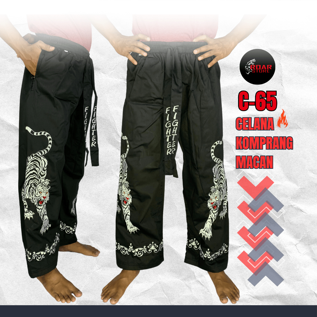 Celana Silat Hitam Komprang Pangsi Bela Diri Celana Fighter Celana Bordir Harimau Macan | Size M L X