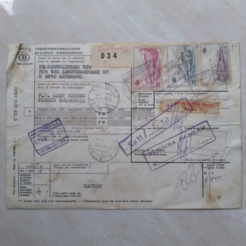 Koleksi Kuno Jadul 1976 Arsip Pengiriman Paket Barang Belgia-Indonesia - YN1211