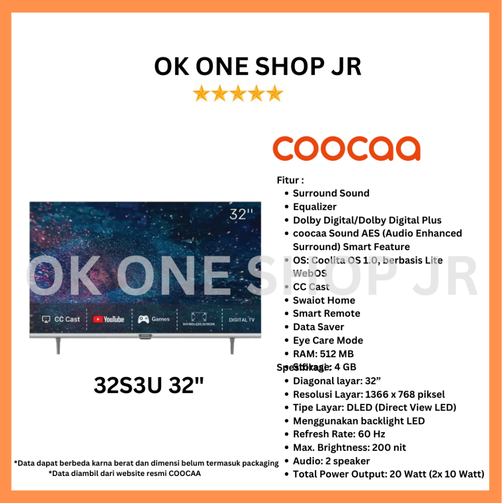 COOCAA Smart TV 32S3U 32 inch Digital TV| 32S3U 32" Smart TV