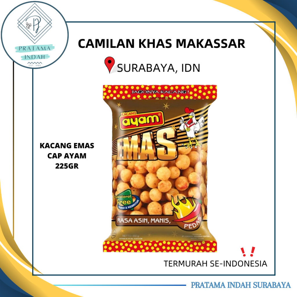 

KACANG AYAM EMAS RASA ASIN, MANIS, PEDAS GURIH KEMASAN 225 GRAM KACANG ENAK KHAS MAKASSAR (ECERAN & GROSIR)