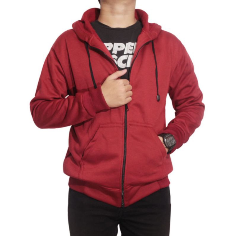 Jaket Sweater Crewneck Zipper Hoodie Distro Pria Wanita Polos Maroon L XL XXL