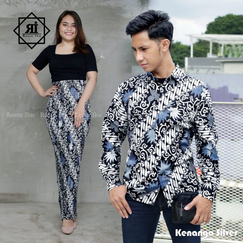 COUPLE / COUPLE KEMEJA BATIK DAN ROK / COUPLE MOTIF KENANGA SILVER / COUPLE KEMEJA BATIK KELUARGA