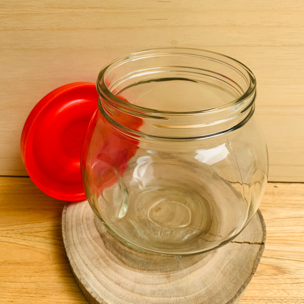 Toples Lebaran Bulat Miring 1100ml Kaca Stoples Beling Tutup Merah TP-7SJ / Toples Kaca / Toples Ron
