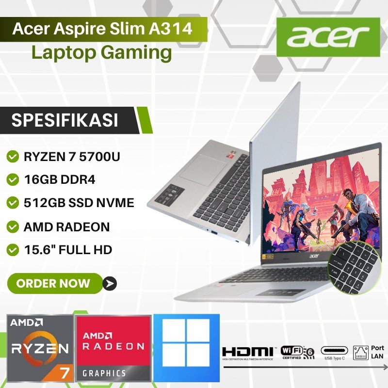 Laptop Gaming Multimedia Acer Aspire Slim A315-44P-R9GQ (15.6" FHD, Ryzen 7 5700U, 16GB RAM, SSD 512GB, AMD Radeon, Silver)