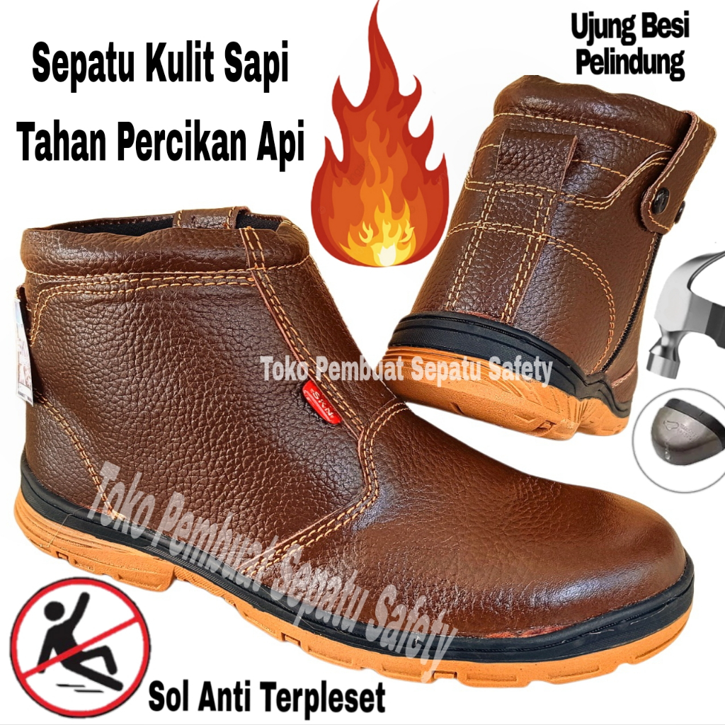 Sepatu Safety Risleting Tahan Paku Kulit Sapi Asli Tahan Bakar Ujung Besi Keselamatan Kerja Pabrik P