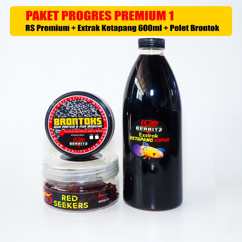 PAKET PROGRES PREMIUM 1 RS Premium Extrak Ketapang dan Pelet Brontok Berritz [Pakan ikan channa]