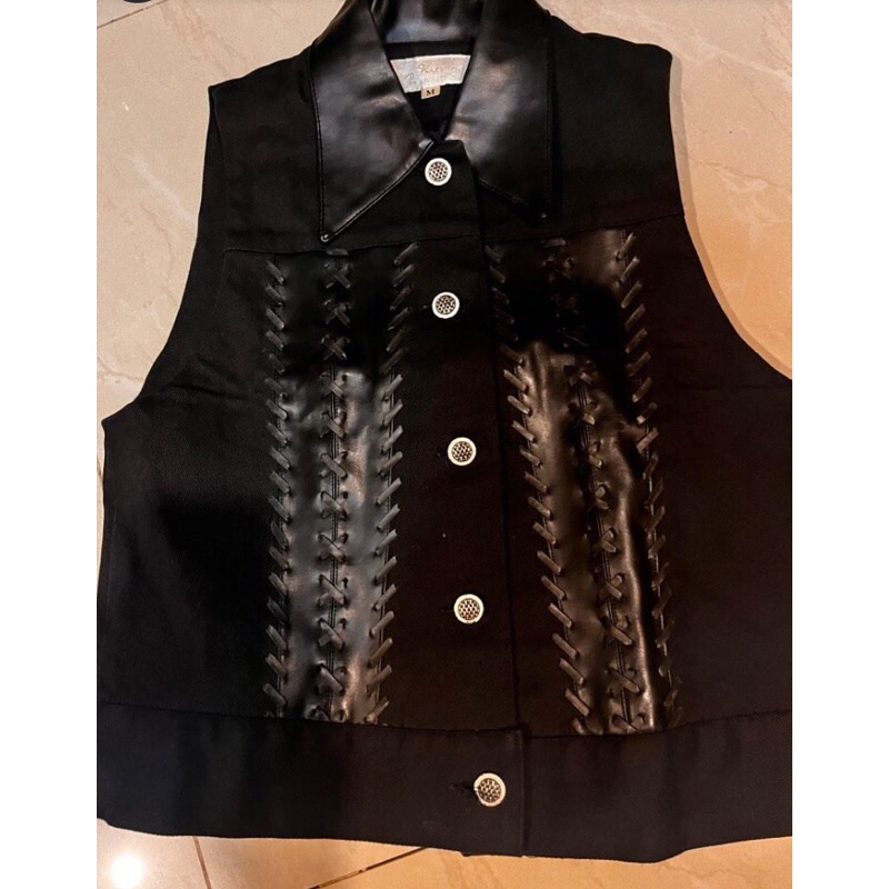 Vest black denim mix leather preloved