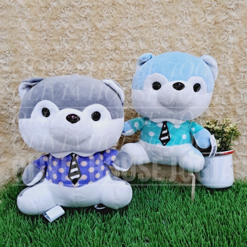 Boneka Husky Soft Kop Boneka Anjing Husky Polkadot Boneka Sit Husky Dog Dasi Kop