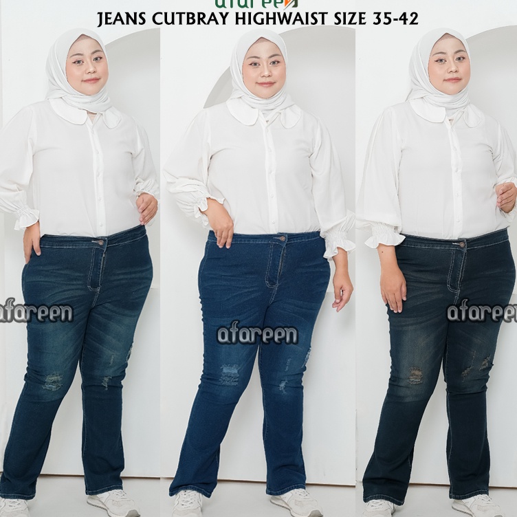 Model Update  AFAREEN  Jeans Highwaist Cutbray Jumbo Celana Jeans Wanita Cutbray Sobek High Waist Bi