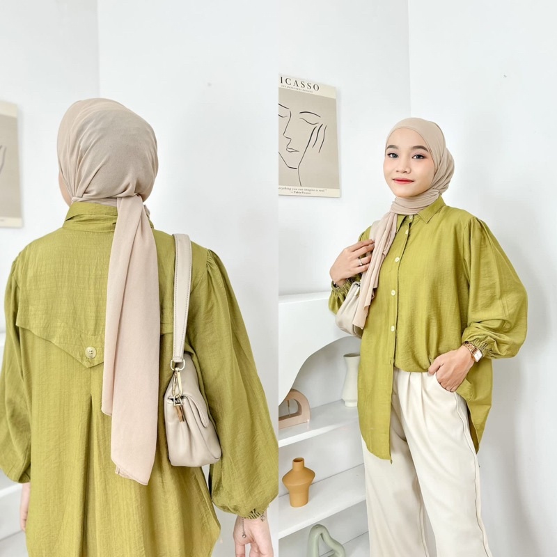 Kemeja Wanita Bahan Polo Linen Laura Blouse Atasan hijau lime Full
