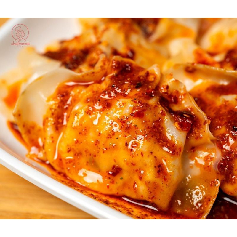

pangsit ayam TERLARIS Pedas dengan toping chili oill isi 8 FULL AYAM